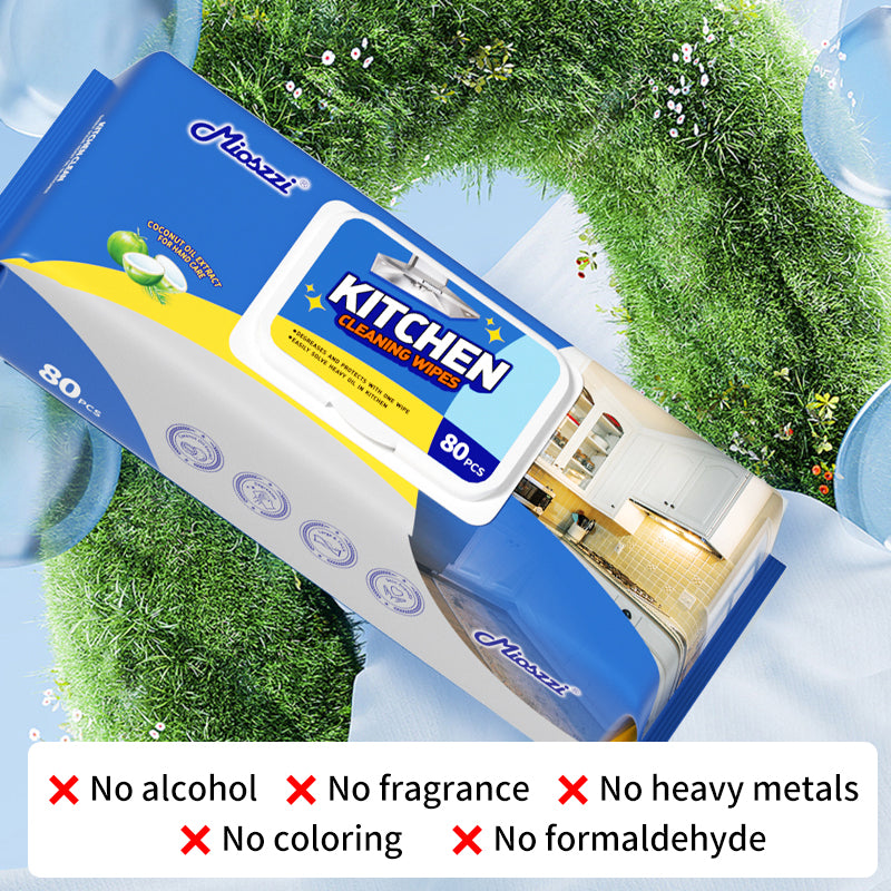 1. Gentle alcohol-free formula, carefully cares for your hands and effectively reduces irritation.
2. Easily deal with stubborn oil stains and daily dust in the kitchen, making cleaning simple and efficient.
3. Multifunctional application scenarios, not limited to the kitchen, but can also effectively clean and renew car interiors, home decorations and office desks.
4. Fresh coconut-scented kitchen wipes quickly decompose oil stains and leave a pleasant aroma.
5. Made of high-quality non-woven fabric