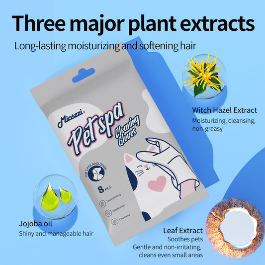1. Gently removes dirt, debris and odors. Super strong deodorizing ability.
2. Infused with fermented coconut oil, nourishes and smoothes hair.
3. Removes sweat and dirt while fighting bacteria.
4. Fresh coconut scent calms and soothes pets' emotions, making pets fall in love with cleaning.
5. Multi-purpose pet glove wipes for cleaning body and ear wax.