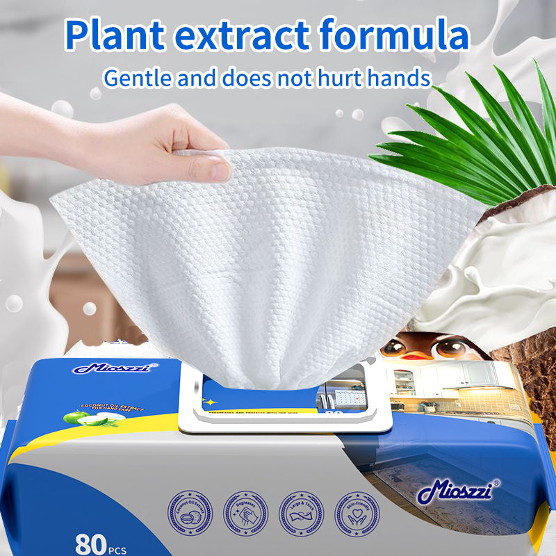 1. Added coconut oil extract, skin-friendly wipes.
2. Used to clean up spills, wipe counter tops and sweep up crumbs on the table.
3. Kitchen wet grease cleaning wipes are characterized by high strength, high water absorption and durability.
4. Scrub stubborn stains and provide scratch-free cleaning.
5. Disposable wipes, throw away after use, will not breed bacteria.