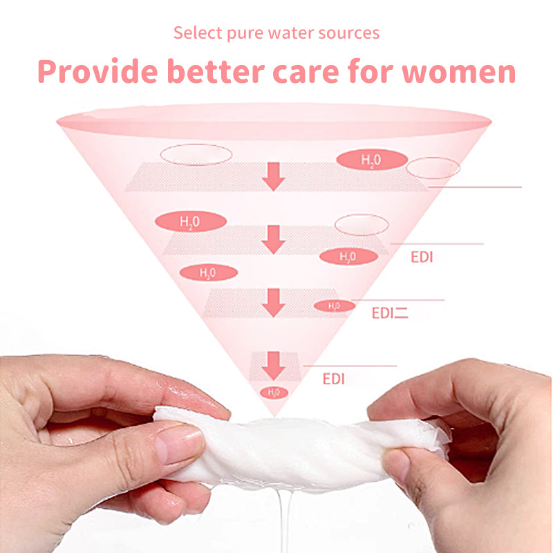 1. EDI-purified water is the main ingredient, soothing and moisturizing the skin.
2. Gentle and safe, does not contain preservatives and alcohol, and is friendly to sensitive skin.
3. Hypoallergenic formula, gentle and non-irritating.
4. Multi-purpose wipes, suitable for cleaning during menstruation and after long activities.
5. 40 pieces of small package design, convenient for travel.