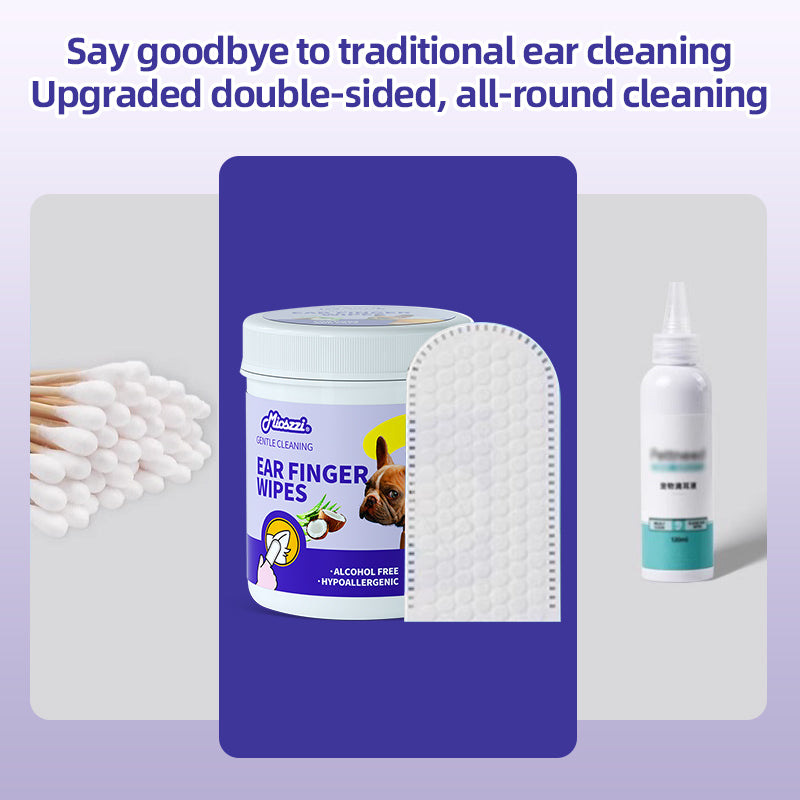 1、Pet universal type, suitable for cats, dogs, rabbits, hamsters and other pets.
2、Versatile, can be used to clean ears, teeth, around eyes and toes.
3、All natural ingredients, alcohol free ,gentle and non-irritating, protecting the health of pets.
4、Effectively removes ear wax and debris, soothes and deodorizes, and relieves ear itching and inflammation.
5、Finger-type wipes are more convenient to use and clean more carefully.