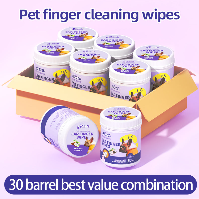 1、Pet universal type, suitable for cats, dogs, rabbits, hamsters and other pets.
2、Versatile, can be used to clean ears, teeth, around eyes and toes.
3、All natural ingredients, alcohol free ,gentle and non-irritating, protecting the health of pets.
4、Effectively removes ear wax and debris, soothes and deodorizes, and relieves ear itching and inflammation.
5、Finger-type wipes are more convenient to use and clean more carefully.