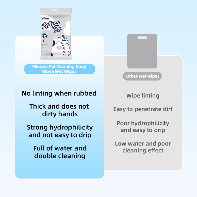 1. Water-based wipes, super absorbent, moisturizing pet skin.
2. Plant-based non-woven fabric, extra thick and soft, tear-resistant.
3. Deodorizing wipes, effectively remove unpleasant odors.
4. Hypoallergenic formula, safe for cats and dogs.
5. Clean dirt from paws and skin, grooming cleaning mitt wipes.