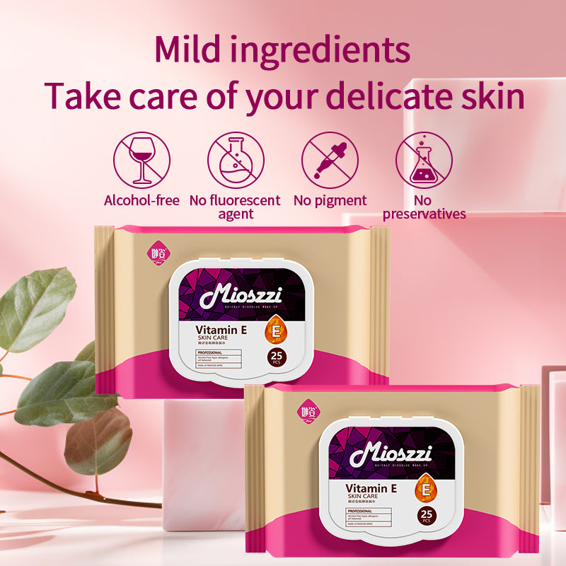1. Makeup remover wipes with vitamin E to cleanse and moisturize skin.
2. Hypoallergenic formula without added fragrance and harsh chemicals.
3. Effectively removes dirt, oil, and makeup, leaving your face feeling fresh, moisturized, and clean.
4. Smooth texture of flat facial cleansing wipes with low friction to ensure no damage to the stratum corneum.
5. Best facial cleansing wipes for cleansing, moisturizing and soothing.