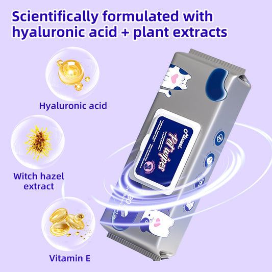 1. Hypoallergenic cleansing formula effectively cleans and removes tear stains for a fresh, clean skin experience.
2. Add hyaluronic acid ingredients, deep clean skin, and easily remove dirt, dander, and pet odor.
3.Witch hazel extract, clean and nourish the skin and hair, care for the health of pets.
4. Antibacterial deodorizing wipes effectively inhibit the growth of dirt, odor, and bacteria to maintain a hygienic environment for pets.
5. Designed with thick non-woven fabric to achieve 360-degree