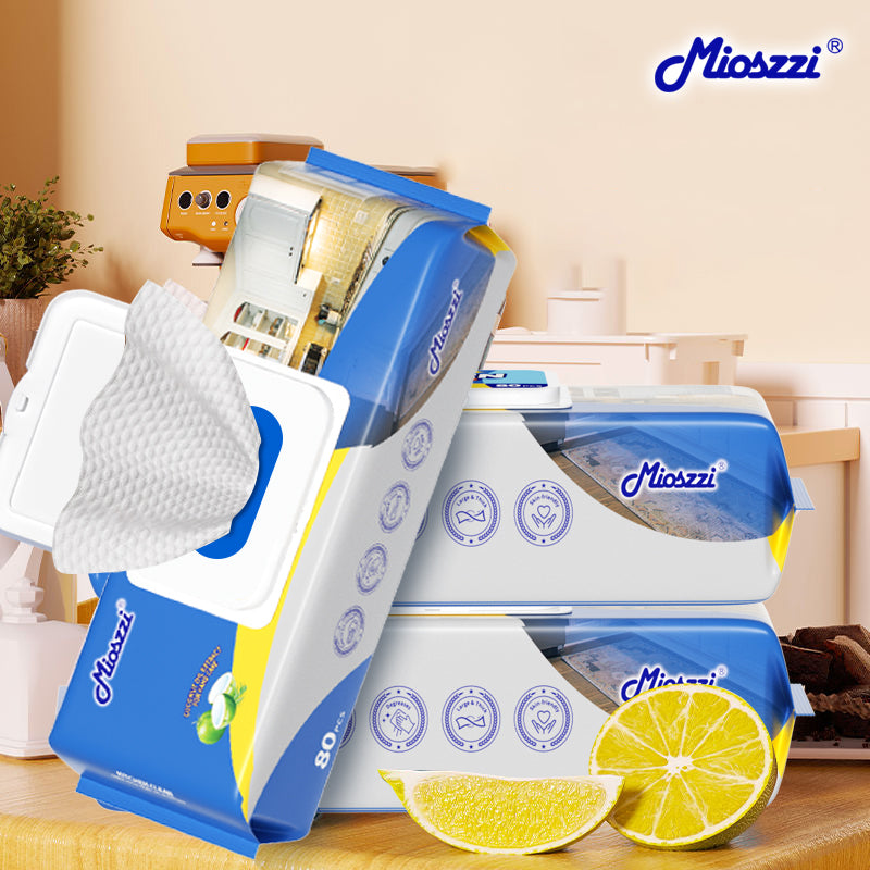Mioszzi kitchen wipes contain surfactants, coconut oil, EDI pure water, and natural plant formulas. 