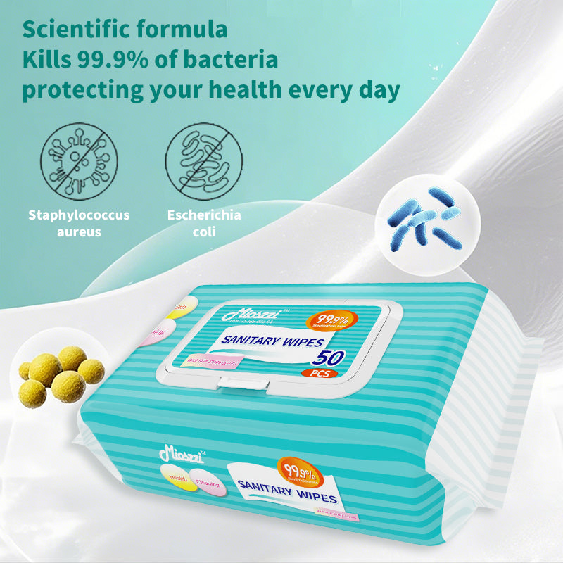 1. Water-based hygienic wipes, clean the skin while moisturizing it.

2. Selected formula, effectively reduces skin irritation, suitable for wiping the body and private parts.

3. Antibacterial disinfectant wipes, kill bacteria, remove stubborn stains, remove 99.9% of allergens on the surface, and effectively reduce the number of bacteria.

4. Hygienic wipes have a cleaning ability 3 times stronger than ordinary paper towels.

5. Mioszzi travel-sized hygienic wipes, 50 pieces per pack, affordable.