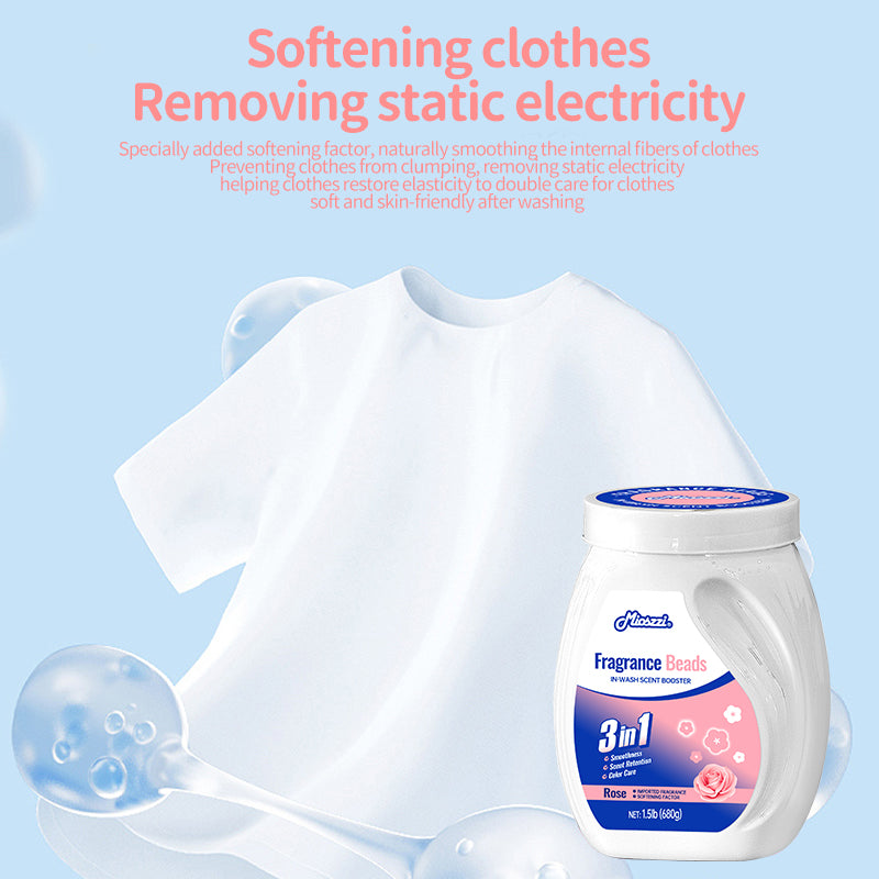 1、1.5 lb&nbsp;large barrel, suitable for home use, large quantity and affordable.

2、Smooth, fragrance retention and color protection three-in-one.

3、Effectively prevent clothes from clumping, remove static electricity, and help clothes restore their natural elasticity and soft skin-friendly feel.

4、Aromatic floral scent, cherry blossom and rose fragrance linger, making clothes fragrant and lasting.

5、Suitable for all washing machines and safe for all fabrics.