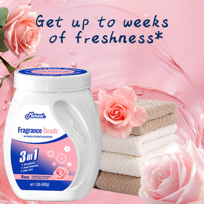 1. Smooth, fragrance and color protection three-in-one.

2. Deodorant beads for clothes can effectively remove sweat stains that are difficult to remove.

3.Fragrant floral fragrance, cherry blossom and rose fragrance linger, makes clothes Long-lasting fragrance.

4. The microcapsule technology of colloid particles can keep the fragrance of clothes for a long time.

5. Effectively prevent clothes from agglomerating and remove static electricity.