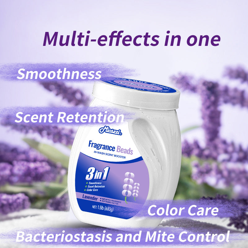 1. Smooth, fragrance and color protection three-in-one.

2. Deodorant beads for clothes can effectively remove sweat stains that are difficult to remove.

3.The fragrance of lavender and violet, makes clothes Long-lasting fragrance.

4. The microcapsule technology of colloid particles can keep the fragrance of clothes for a long time.

5. Effectively prevent clothes from agglomerating and remove static electricity.