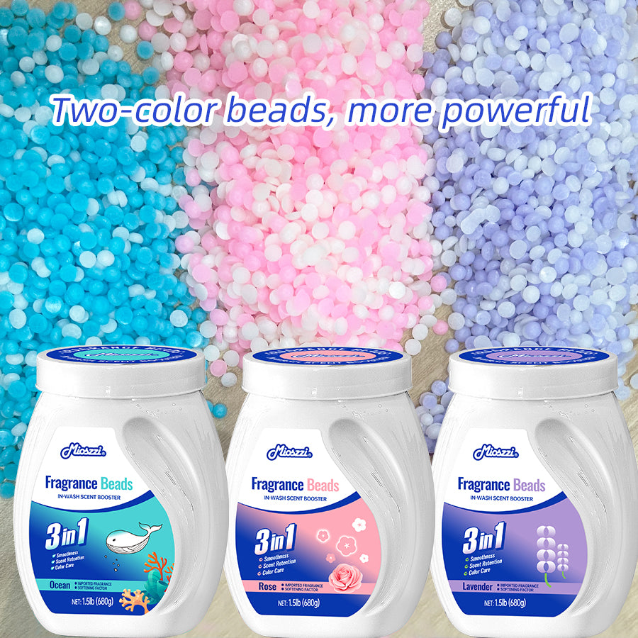 1. Available in three scents: ocean, lavender and cherry blossom, a perfect laundry companion.

2. Laundry fragrance beads using deodorant technology effectively decompose odor molecules.

3. Microcapsule blasting technology allows clothes to retain fragrance for a long time.

4. Deodorant beads used for clothes can effectively remove sweat stains that are difficult to remove.

5. Effectively soften fabrics, anti-static to prevent clothing from clumping.

6. Value pack combination suitable for home use, lar