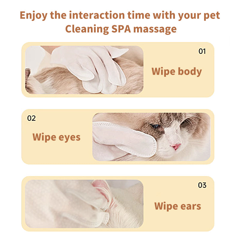 1. General purpose wipes that can be used to clean skin and hair.

2. Pure water wipes, gentle formula, hypoallergenic, safe for sensitive skin.

3. Antibacterial deodorizing wipes, effectively reduce dog dander, remove dirt and bacteria.

4. Bag-packed glove wipes, highly hydrophilic and not easy to leak, keep pets fresh during travel.

5. Widened and enlarged glove wipes, more convenient to clean the whole body of the pet.