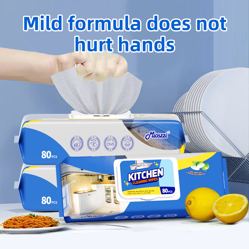 1. Added super degreasing active factor, stronger cleaning power than traditional rags.

2. Suitable for pots, bowls, kitchen tabletops, kitchen walls, range hoods and sinks, etc.

3. Powerfully remove stubborn oil stains and keep the surface spotless.

4. Kitchen cleaning wipes are made of spunlace non-woven fabric, thick, soft and durable.

5. Universal surface wipes, no need to wash, easy to use.