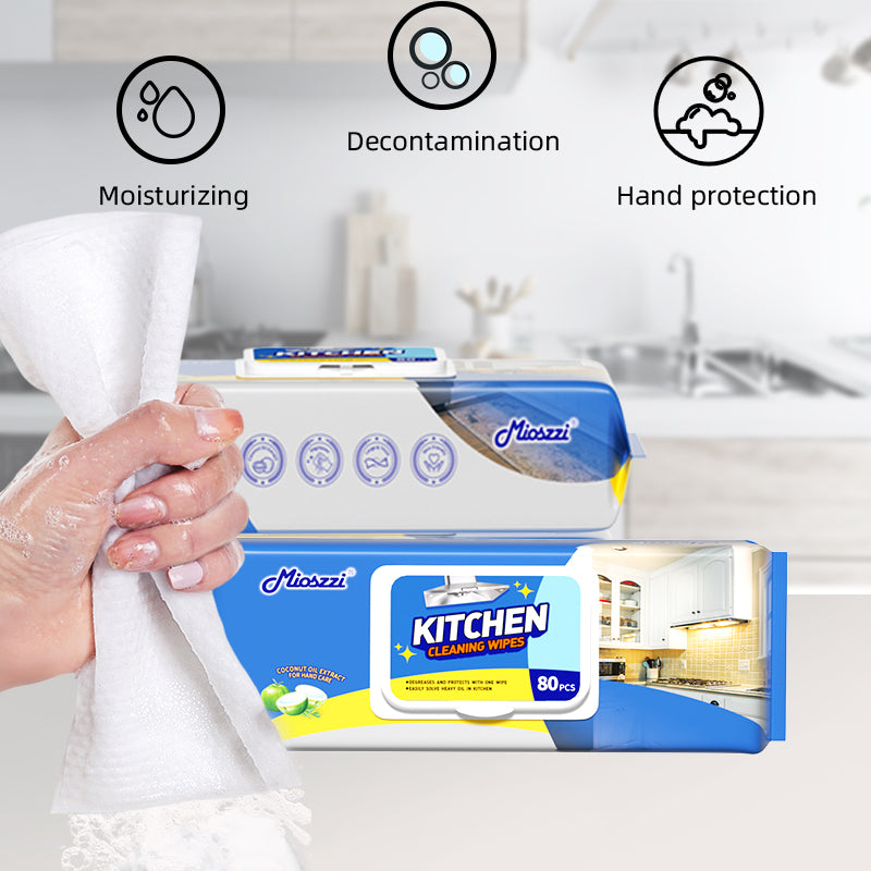 1. Super strong degreasing active factor, better than traditional rags and degreasers.

2. Multi-purpose wipes, wipe away oil, dirt and sticky fingerprints.

3. Kitchen cleaning wipes without bleach, more skin-friendly.

4. Disposable wipes, no need to worry about breeding bacteria.

5. Half-arm-length super large packaging, large quantity and affordable.